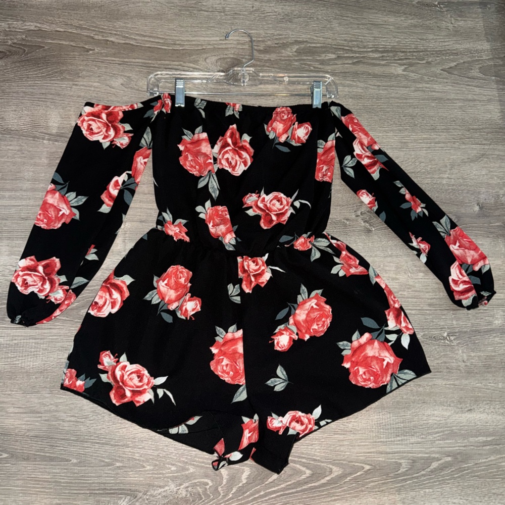 Charlotte Russe Black and Pink Asymmetrical Floral Blouse
